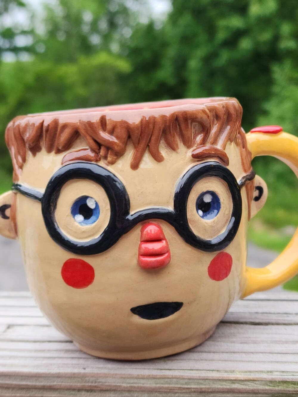 Handmade Coffee Mug 3D Face Cute And Clay Signed Glasses Polka Dot One Of A Kind - Picture 2 of 6
